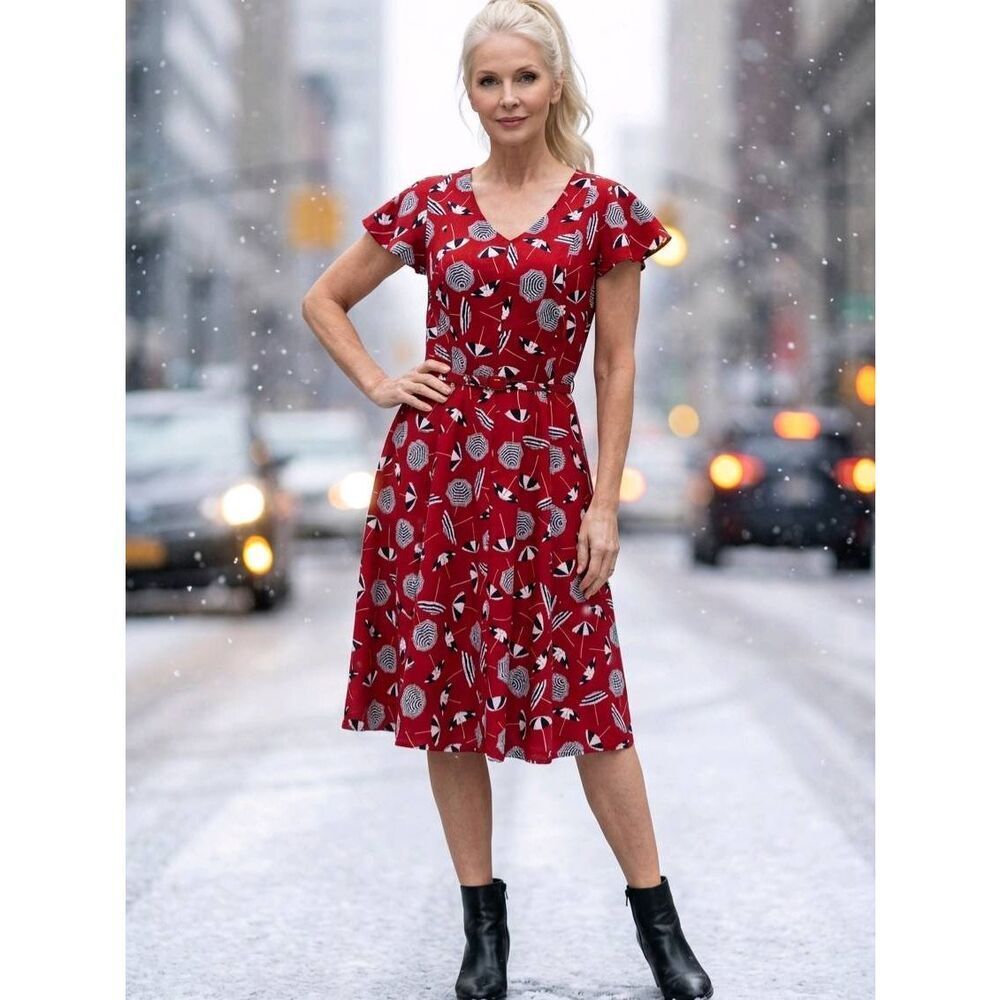 ☔️🔥Talbots Red Black Umbrella Print Belted Dress Size 2
